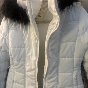 Maralyn & Me White Puffer Jacket with Black Faux Fur Trim